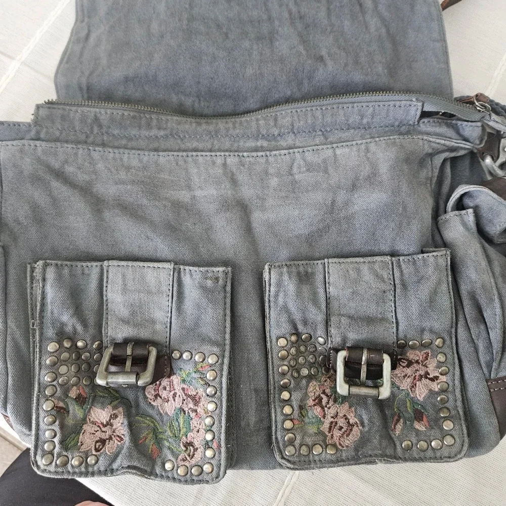 Free People Floral Embroidered Studded Canvas Messenger Bag Blue Boho Crossbody